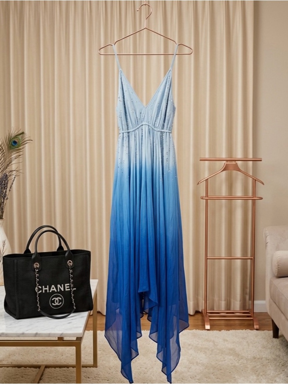 Blue Ombre V-Neck Spaghetti Strap Maxi Silk Rhinestones Dress L